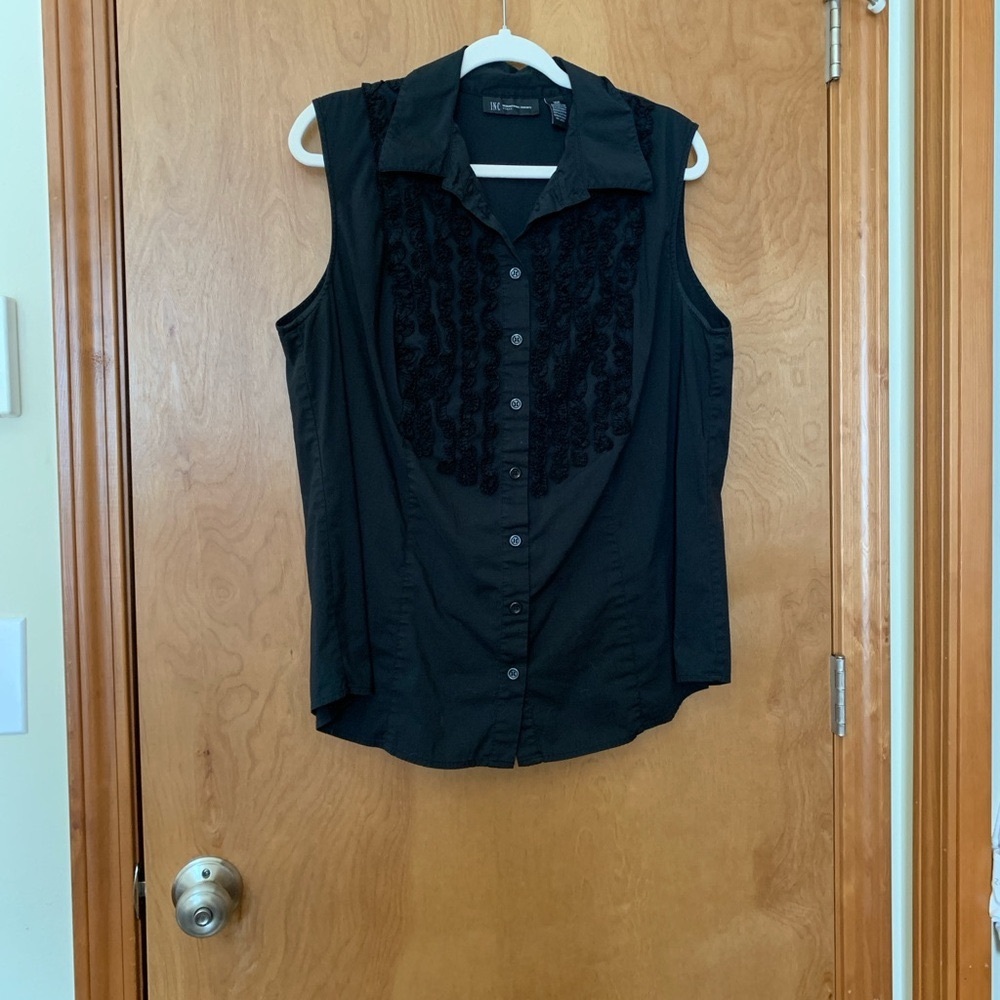 INC International Concepts Black Sleeveless Button Down Tuxedo Shirt